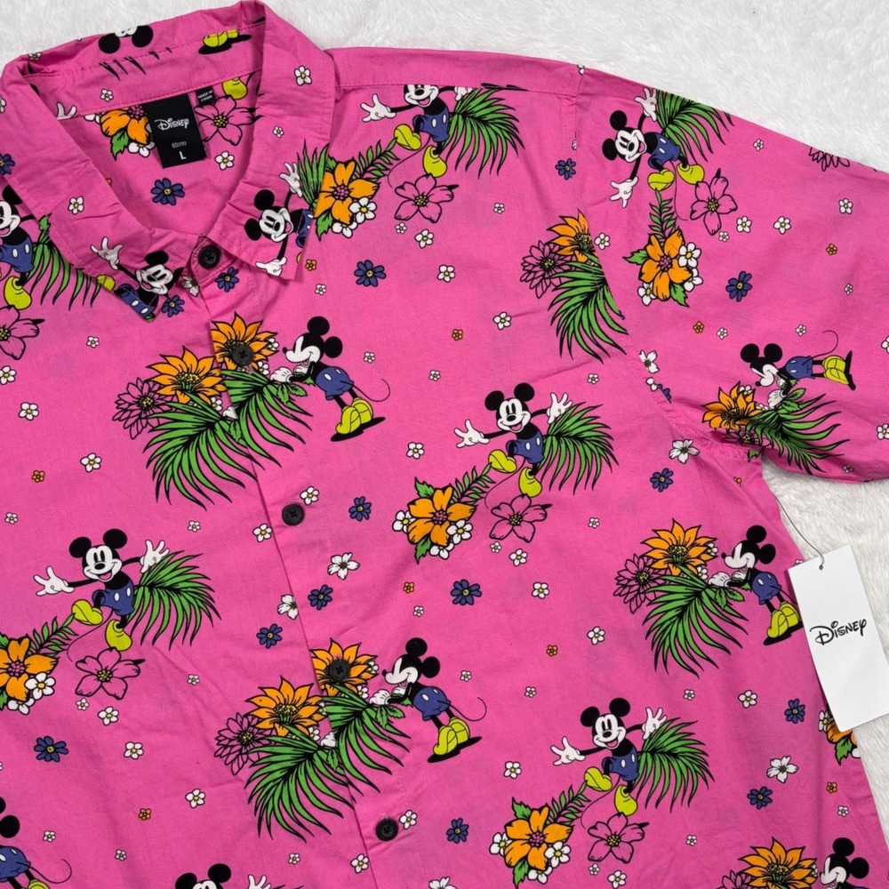 NEW Disney Neff Mickey Mouse Hawaiian Shirt Mens L Pink Tropical Floral Gift